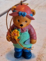 Vintage Avon Ornament Gardener Teddy Bear Pink Hat Holding Flower Pot 2.75&quot; Tall - £5.60 GBP