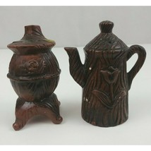 Vintage Ceramic Tree Carved Pot belly Stove &amp; Kettle Salt And Pepper Sha... - £6.12 GBP