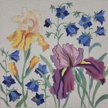 Handpainted Needlepoint Canvas Floral Iris Julie Thompson HP Gold Blue B... - £57.91 GBP