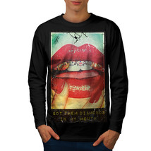 Wellcoda Lips Girl Nail Fashion Mens Long Sleeve T-shirt, Lip Graphic Design - £17.90 GBP