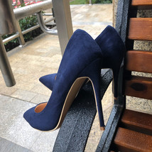 Navy Blue Women Synthetic Suede High Heels Pointed Toe Slip on OL Ladies Stilett - £59.52 GBP