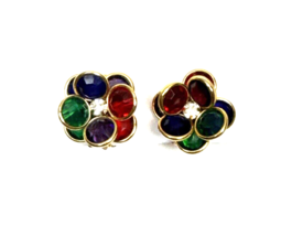 Vintage Bezel Set Swarovski Crystal Earrings Gem Tone Flower Clip On 1” - $30.00