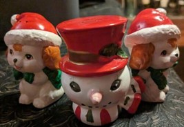 3 Vintage Christmas Ceramic Salt Or Pepper Shakers 2  Puppies And  snowman  - $22.00