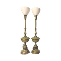 Vintage Pair of Green Enamel, White Milk Glass and Brass Table Lamps - £470.24 GBP