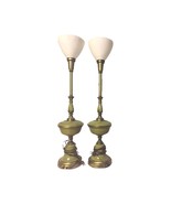 Vintage Pair of Green Enamel, White Milk Glass and Brass Table Lamps - £468.61 GBP