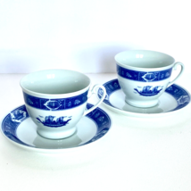 Han Dan Blue White Porcelain Tea Cup and Saucer Set of 2 Vintage - £19.48 GBP