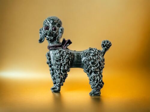 Primary image for Smiling Poodle Spaghetti Dog Red Eyes Metal Bow Tie Vintage Silver Brooch Pin