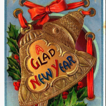 c1910 Glad New Year Gold Holly Bells Bow Samson Embossed Divided Back Postcard - £19.89 GBP