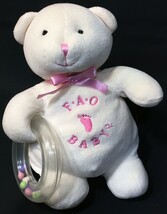 FAO Schwarz Baby Bear Rattle Ring Ivory Cream Pink Plush Stuffed Animal Toy 7&quot; - £15.14 GBP