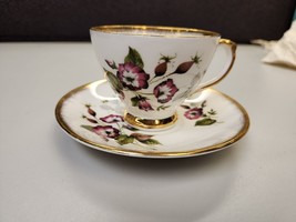 Royal Ardalt Dark Pink With Gray Leaves ~ Brushed Gold Rim ~ Tea Cup And Saucer - £16.76 GBP