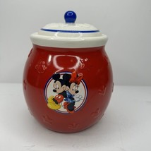 Vintage Disney Mickey Minnie Mouse Cookie Sugar Storage Jar Ceramic Red  Lid 7&quot; - £27.69 GBP