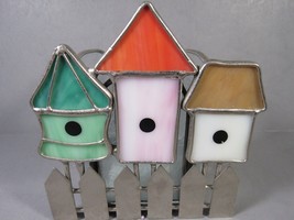 Bird Houses Candle Holder Leaded Glass Colors Etched Clear Metal Fence 4&quot;x 2.5&quot;. - $12.77