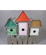 Bird Houses Candle Holder Leaded Glass Colors Etched Clear Metal Fence 4... - $12.77