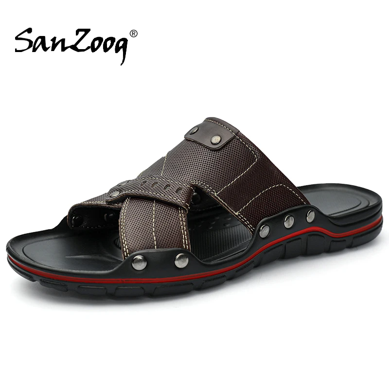 Leather Slides Slippers Men Summer Fashion Casual Slip On Shoes Flat 202... - $40.02+