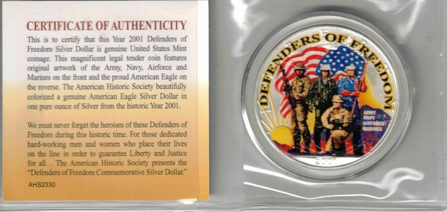 Primary image for 2001 American Silver Eagle Defenders Of Freedom 1 oz. Fine Silver .999