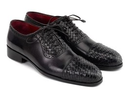 Paul Parkman Mens Shoes Oxfords Black Woven Cap Toe Handmade 49851-BLK - $429.99