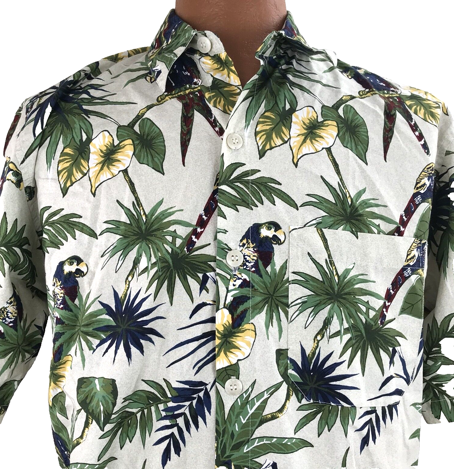 Primary image for R & Y Sport Aloha Hawaiian Shirt Medium Palm Leaves Beige Parrots Shirt