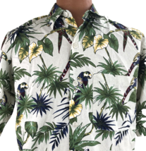 R &amp; Y Sport Aloha Hawaiian Shirt Medium Palm Leaves Beige Parrots Shirt - $29.99