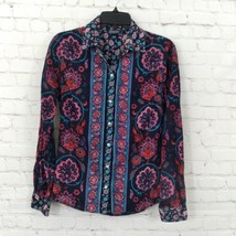 Lucky Brand Top Womens Small Black Blue Red Floral Button Up Long Sleeve Cotton - £11.18 GBP
