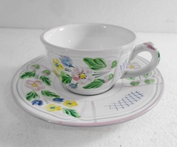 Herend Village Pottery Cup &amp; Saucer Set Trellis Pink Trim Handpainted in Hungary - £28.13 GBP
