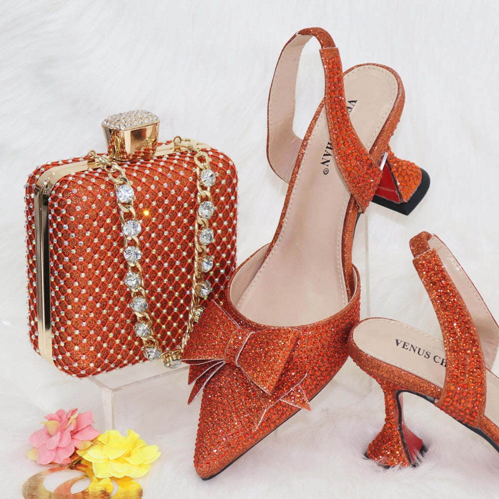 Classics Design Women Shoes Matching Bag Set with Crystal