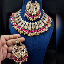 Bollywood Gold Plated Indian Pearl Choker Necklace Glass Kundan Jewelry Set - £52.37 GBP