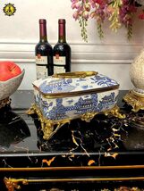 Luxury Blue and White Porcelain Tissue Box with Brass Accents  Decorati... - $198.00