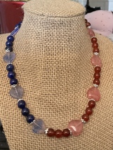 “Hearts Of Contrast “ Handcrafted Blue and Red Crystal Agate  Necklace Free Ship - $35.00