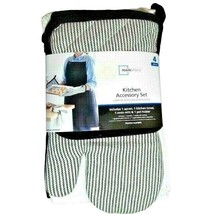 Black Apron Kitchen Towel Set Oven Mitt Potholder 4-Piece Cotton Stripe ... - $17.74