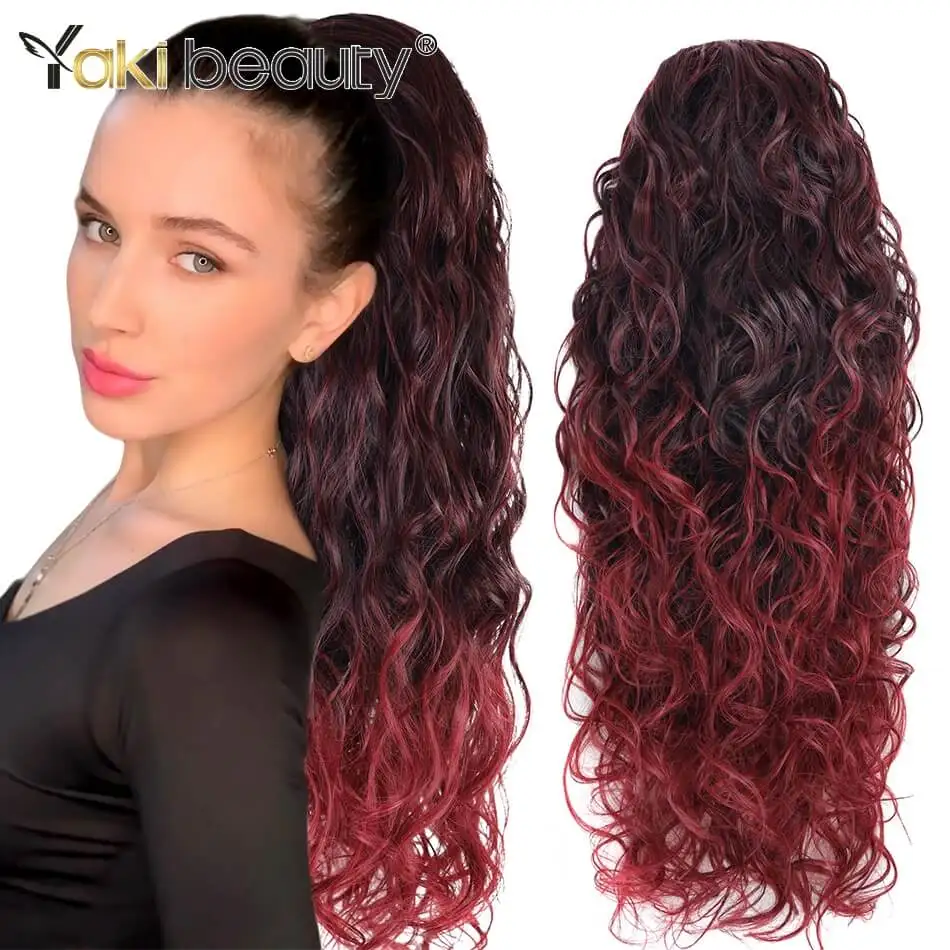 Synthetic 30inch Curly Wavy Ponytail Extension Clip In Wave Black Ombre Burgundy - £15.08 GBP+