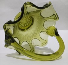 Italian Green Glass Ruffled Edge Basket Applied Handle MCM - $19.99