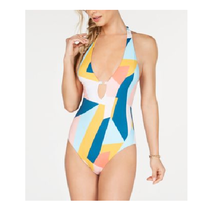 Bar III Pop Art Strappy-Back One-Piece Swimsuit Size L Geometric Teal Mustard - £23.24 GBP