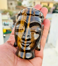 Tiger Eye Flashy Buddha Face Hand Carved Budha Statue Crystal Figurine I... - £51.14 GBP