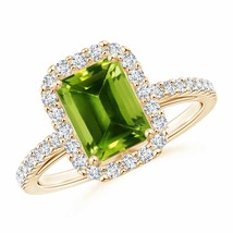 ANGARA Natural Peridot Emerald-Cut Halo Ring for Women, Girls in 14K Solid Gold - £1,474.03 GBP