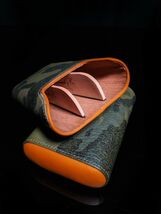 Brizard and Co " Showband" 3 Cigar Case in  Camouflage and Orange Leather NIB image 6