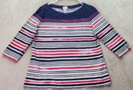 Weekend by Chico&#39;s Shirt Women Size 1 Multi Striped Cotton 3/4 Sleeve Round Neck - £12.57 GBP