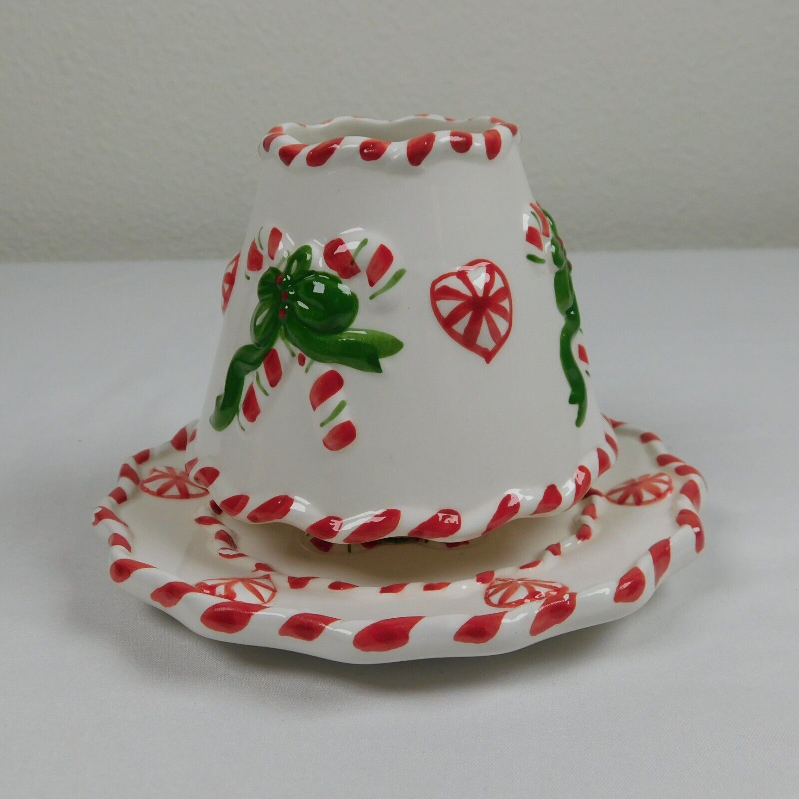 QVC 2 Piece Candy Cane Shade & Plate for Small Jar Candles Red White Green FLAW - $9.75