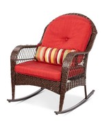 Outdoor Patio Brown Wicker Rocking Chair with Red Cushions and Accent Pi... - $517.13 CAD