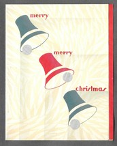 VINTAGE 1940s WWII ERA Christmas Greeting Card Art Deco GREEN &amp; RED BELLS - $14.84