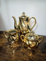 Vintage Gold-Tone Swirl Pattern Tea Set Coffee Pot Sugar Bowl &amp; Creamer ... - £70.33 GBP