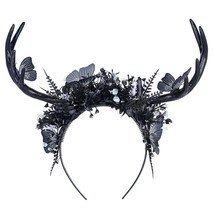 Handmade Black Deer Antlers Headband Gothic Reindeer Horns Elf Crown Dark Woodla - £28.04 GBP