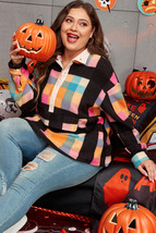 Black Plus Size Checkered Print Sherpa Henley Sweatshirt - $26.93