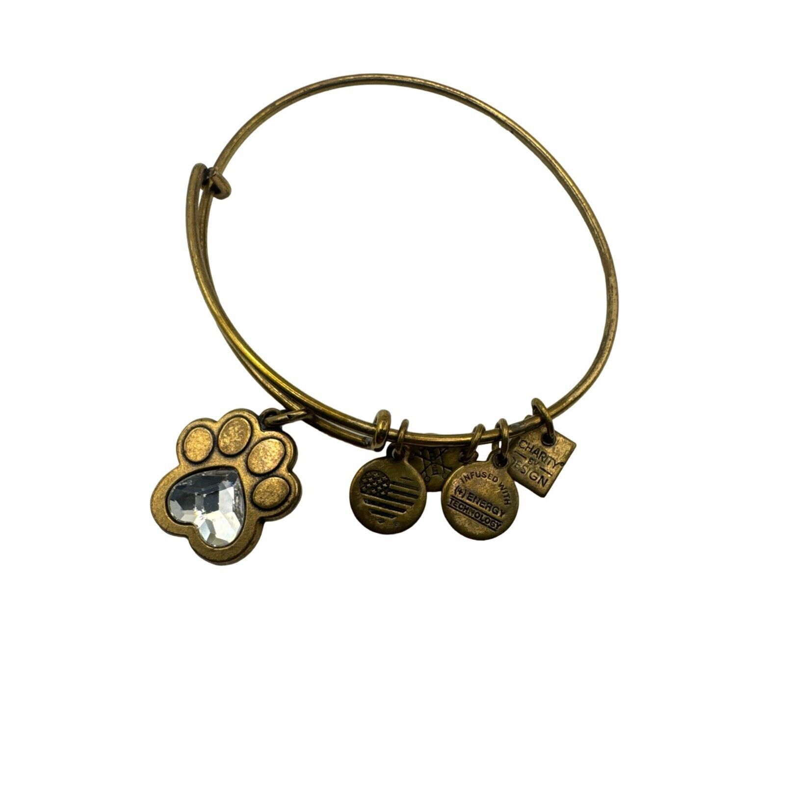 Primary image for Alex & Ani Crystal Heart Paw Prints Of Love Gold tone Charm Bangle Bracelet
