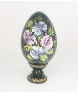 Ukrainian Pysanky Egg Black Gold Pink Blue Flowers 5 in with Stand Glossy - £26.65 GBP