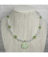 Candy Charm Holiday Necklace Glass Pearl Crystal Girls Handmade Green White - $14.25