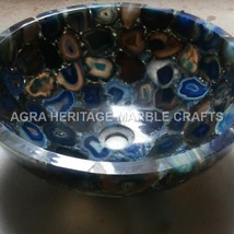 Blue Agate Marble Round Wash Basin Sink Random Inlaid Hallway Kitchen Decor E419 - £406.87 GBP+