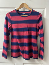 Lands End Top Womens Medium Navy Blue Red Stripe SHAPED FIT Pullover LS ... - $10.84