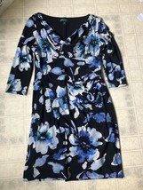 Lauren Ralph Lauren Blue Black Floral Cowl Neck Side Ruched Dress size l... - $34.30