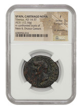 Ancient Roman: Tiberius (AD 14-37) NGC Fine (Lt. Smoothing, Spain, Carth... - $254.63