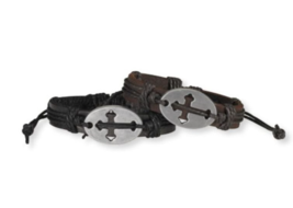 Men Boy Black &amp; Brown Cross-Cut Out Leather Bracelets Adjustable Christian Dad - $10.99